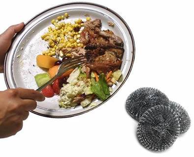 There are some food waste on the dish, which can be removed by galvanized steel scrubbers.