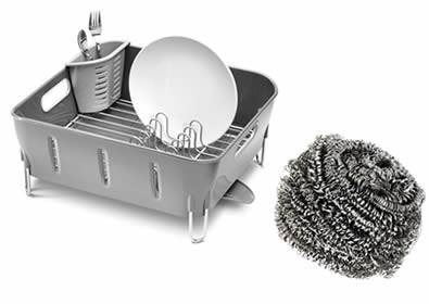 Dishes is cleaned by a stainless steel scrubber.