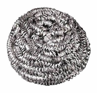 A piece of stainless steel scrubbers with silver surface and globular shape.