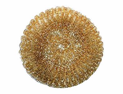 A piece of woven brass scrubber with golden surface and round shape.